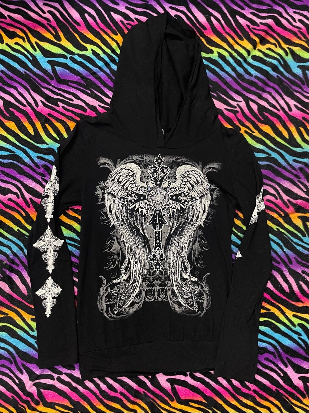 Y2k emo grunge Affliction Black thermal with bling Silver Winged Cross Graphic